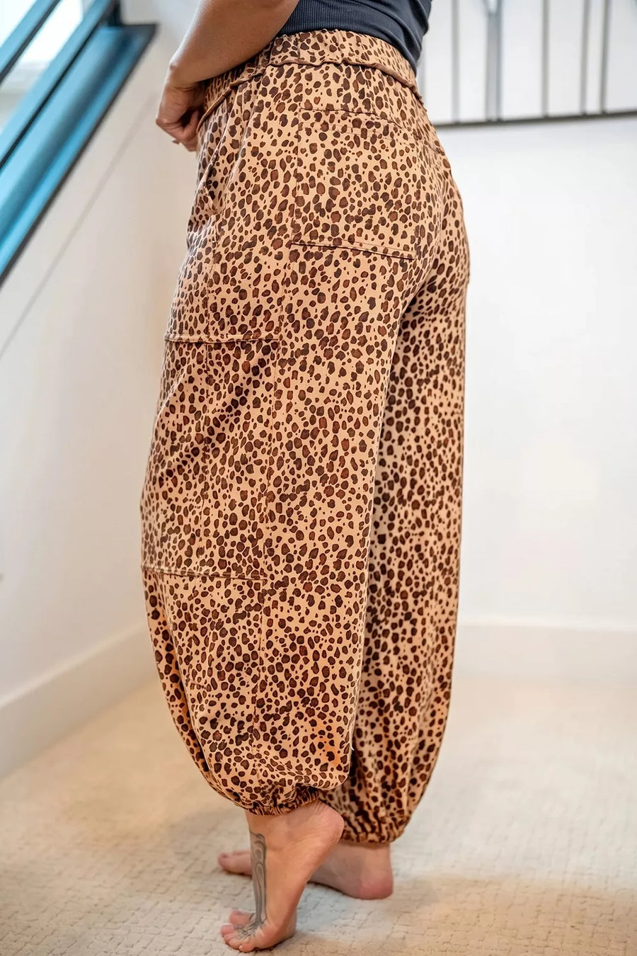 Camel with Leopard Print Drawstring Waist Pants