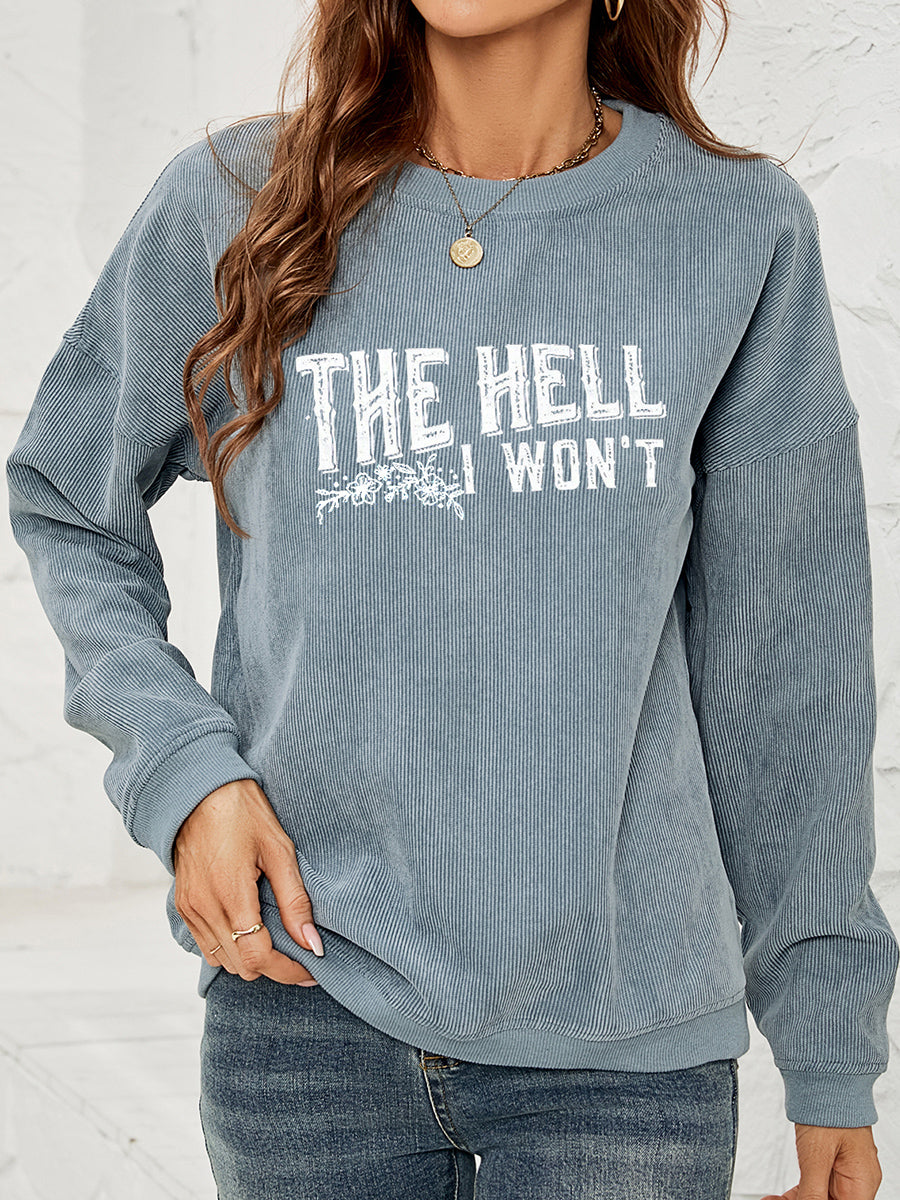 Textured corduroy crewneck sweatshirt in French Blue with graphic text and floral detail.