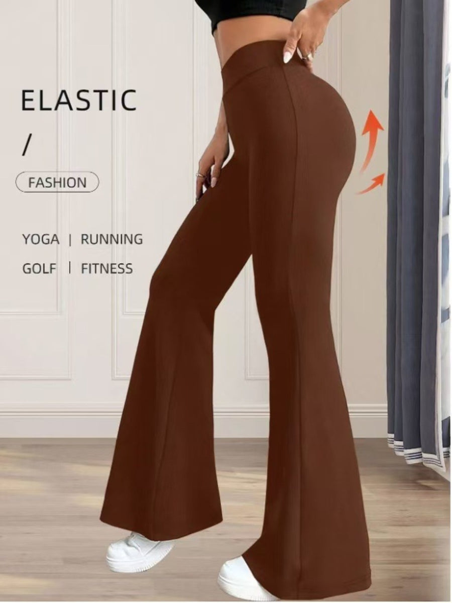 Brown high waist flare pants with elastic waistband, cotton blend, and flared leg.