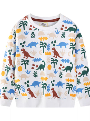 Kids white cotton blend sweatshirt with a colorful dinosaur and palm tree print.