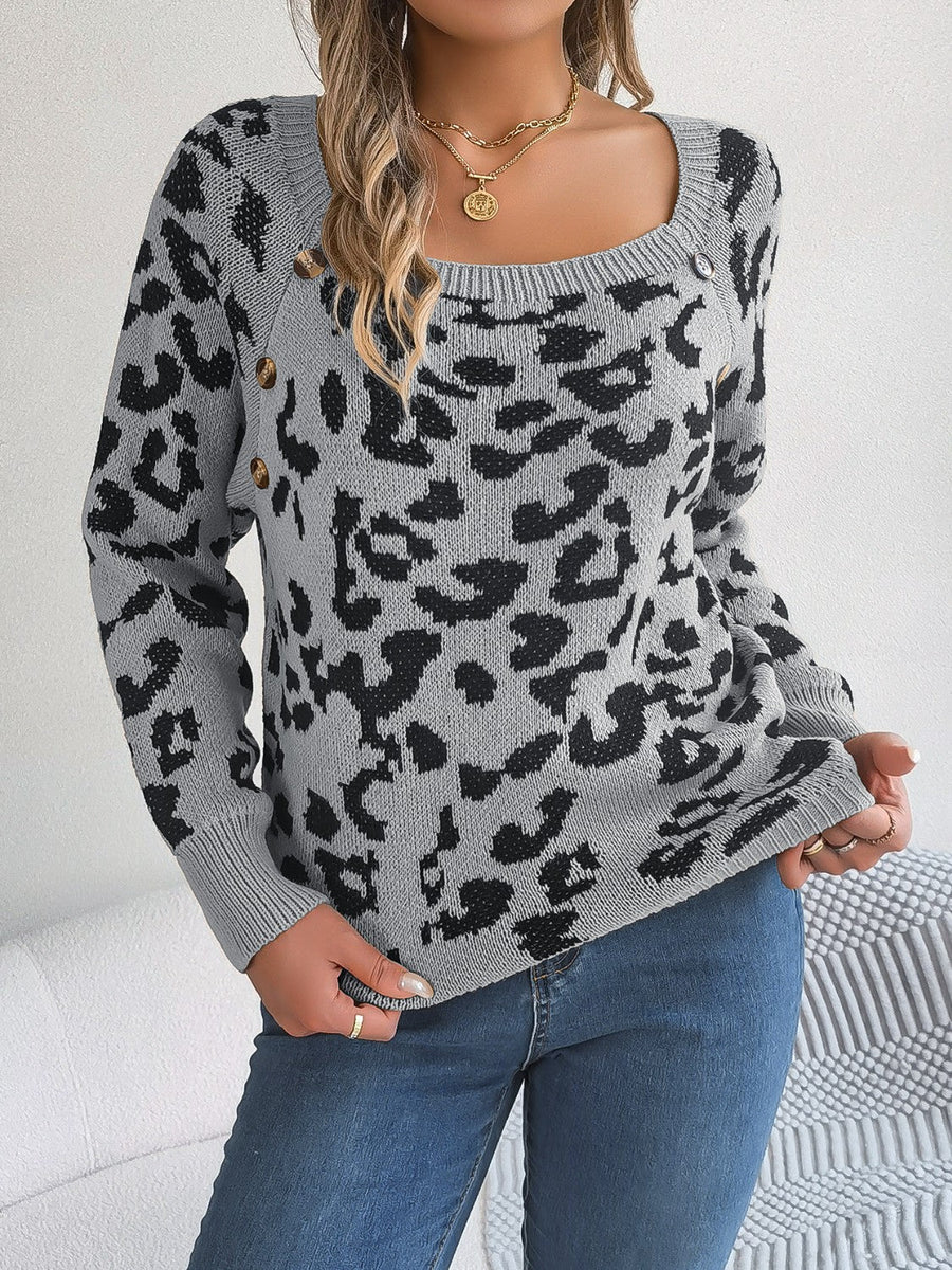 Charcoal leopard print acrylic sweater with button detail and square neckline.