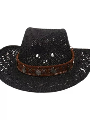 Black woven boho cowboy hat with decorative coin band