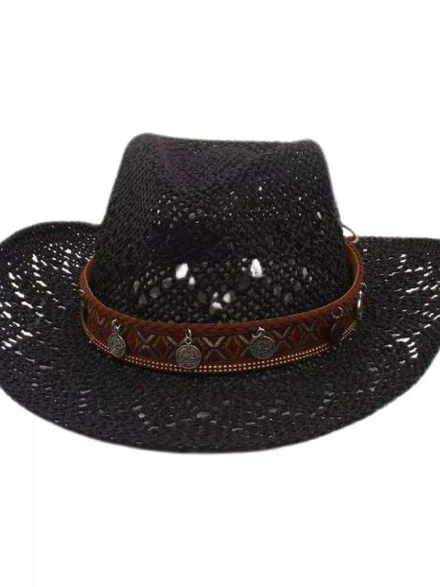 Black woven boho cowboy hat with decorative coin band