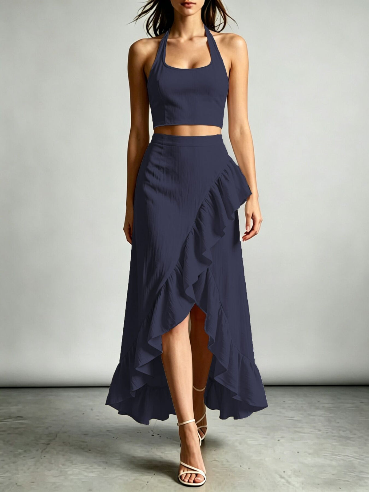 Beige two-piece set with maxi and tie