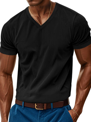 Black ribbed V-neck t-shirt with short sleeves, worn by a man.