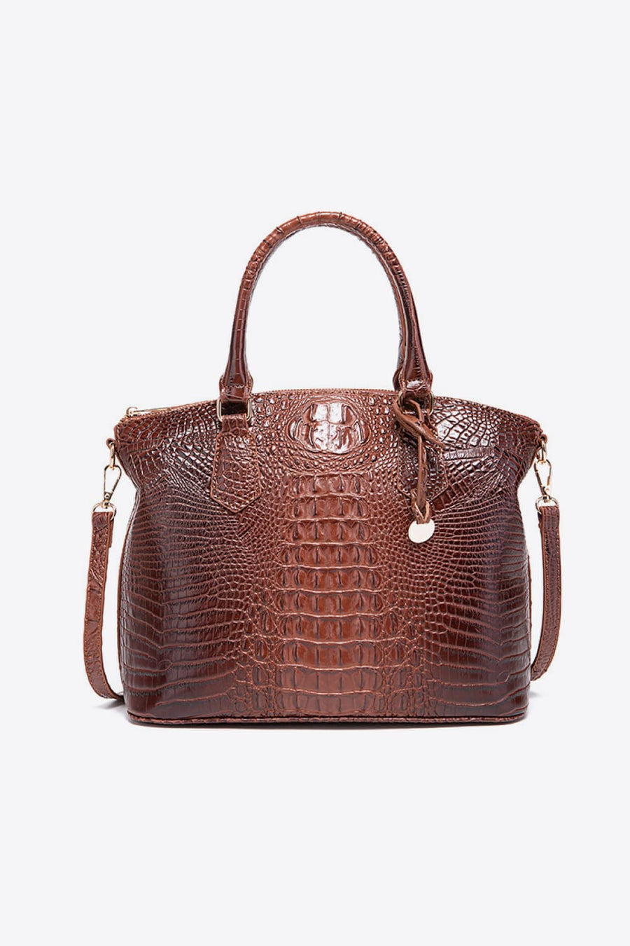 Brown crocodile embossed satchel with shoulder strap and top handles