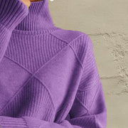 Deep Purple turtleneck sweater with diamond knit texture and ribbed details.