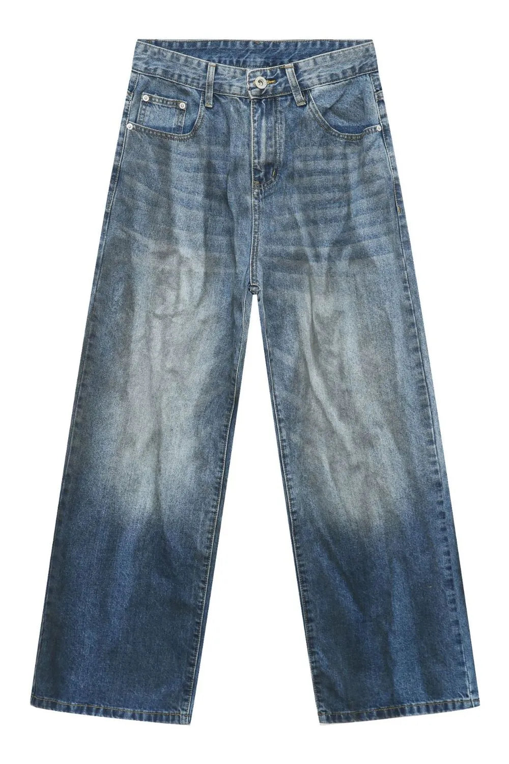 Faded ombre wide-leg jeans in medium blue denim with a relaxed fit.