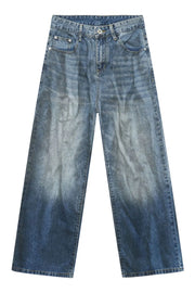 Faded ombre wide-leg jeans in medium blue denim with a relaxed fit.