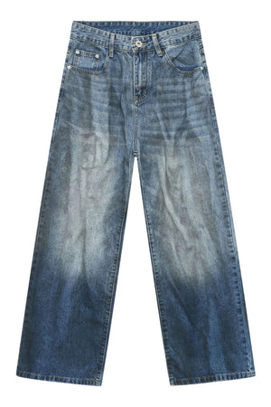 Faded ombre wide-leg jeans in medium blue denim with a relaxed fit.