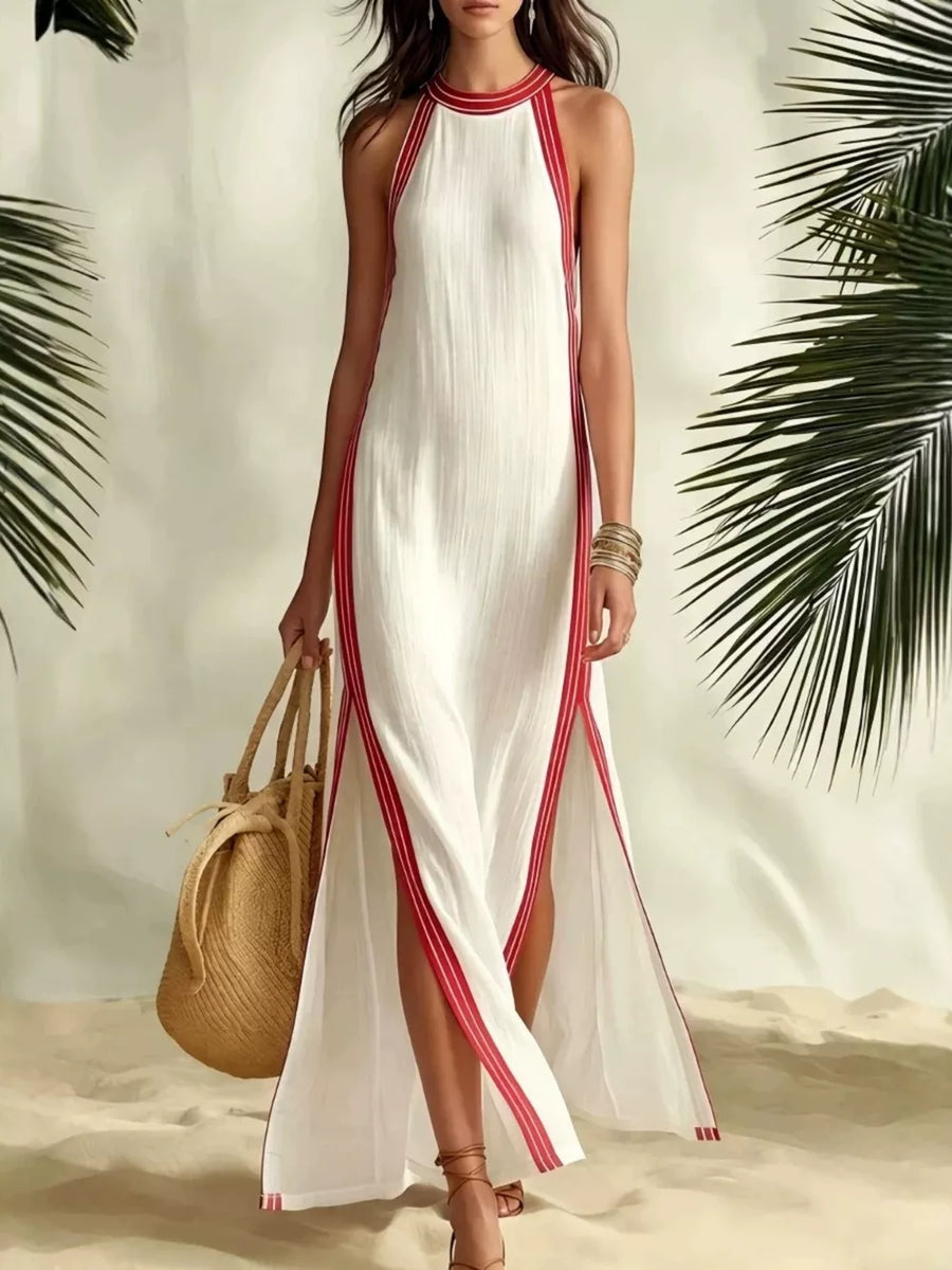 Full Size Slit Striped Sleeveless Maxi Dress in Red