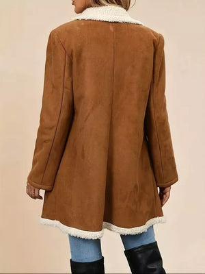 camel overcoat with thigh-length and button-front