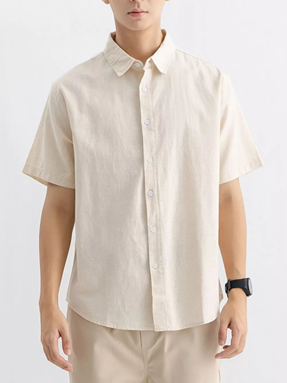 Men's short-sleeve button-up shirt in Flower Apricot cotton, classic casual style.