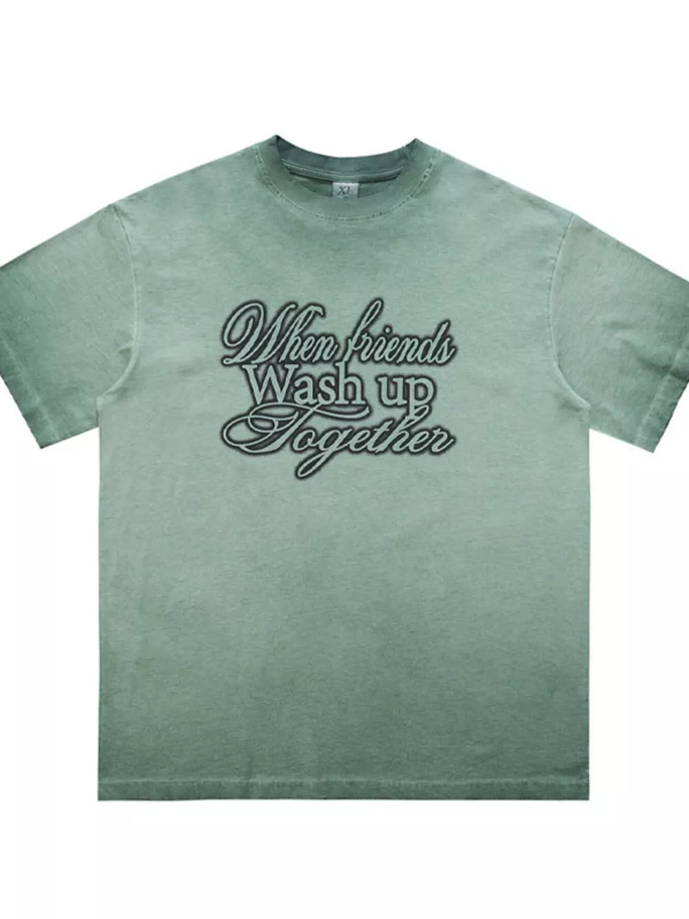 Green vintage wash graphic tee for men with crew neck and script text design.