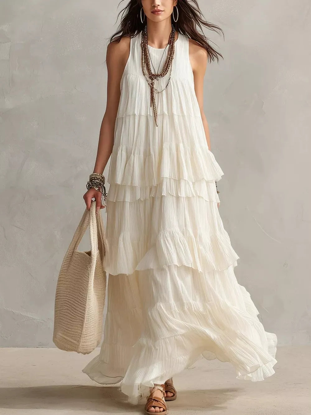maxi dress in cream featuring tiered and A-line fit