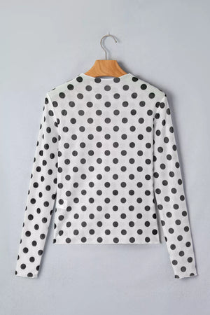 Chic polka dot mesh mock neck shirt with long sleeves, sheer fabric.