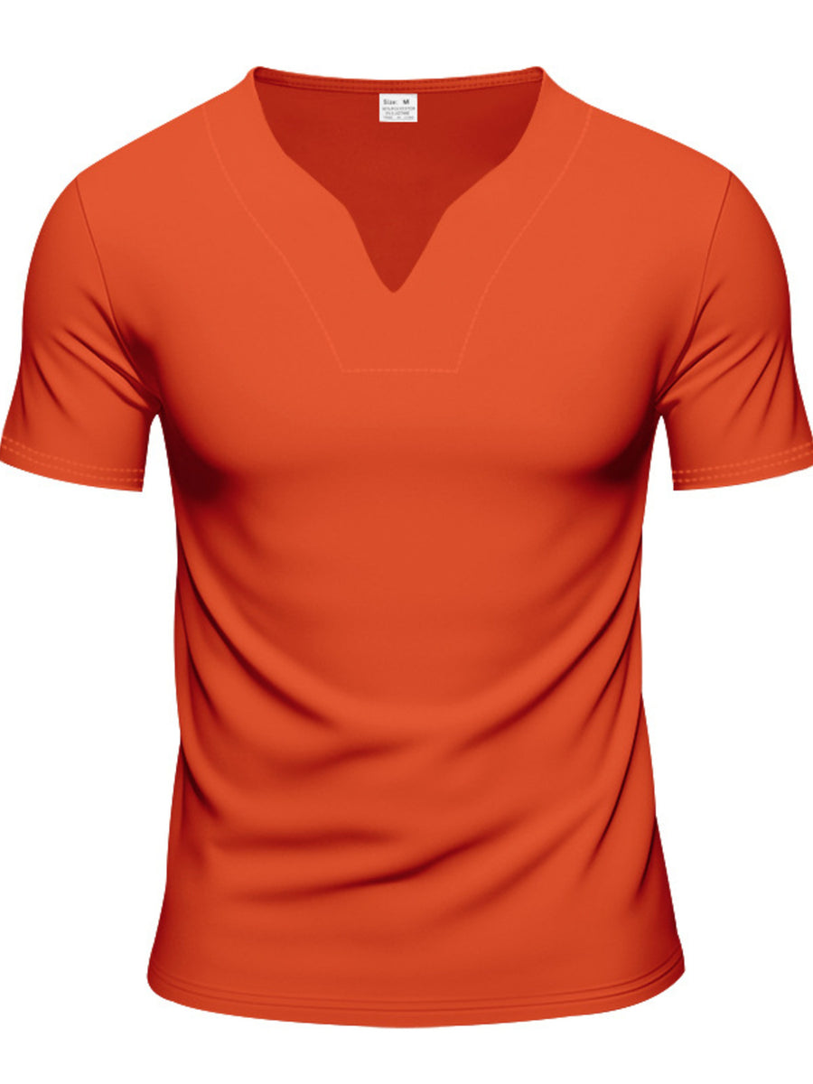 Men's orange cotton t-shirt with notched V-neck and short sleeves
