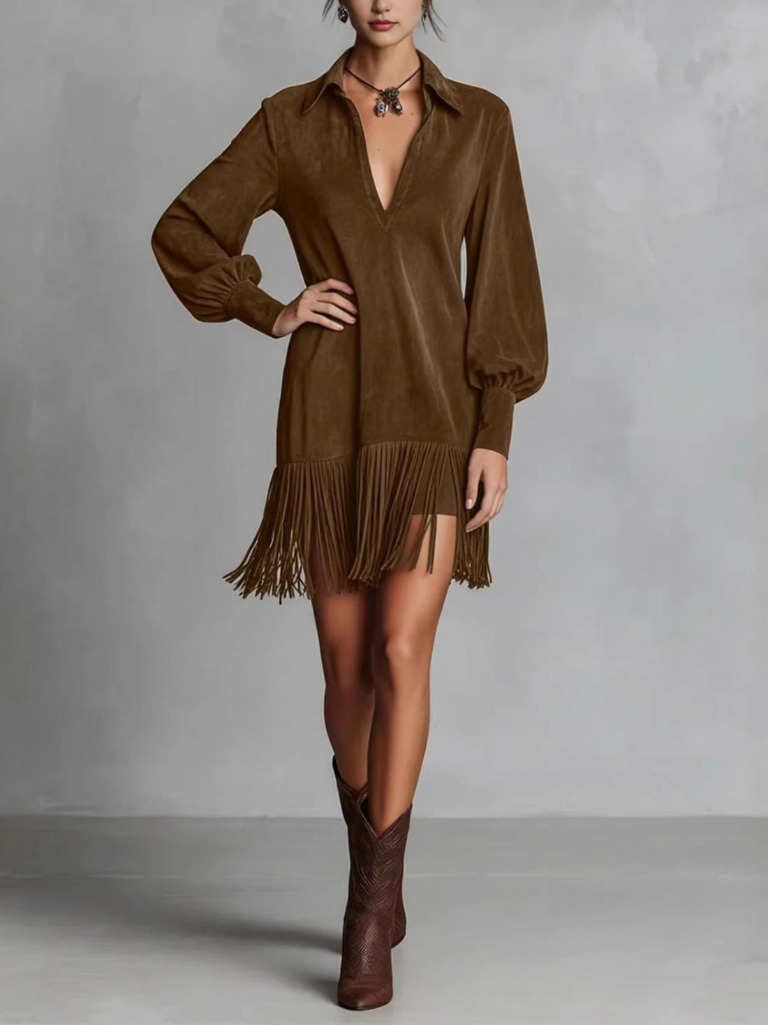 bohemian mini dress in dark brown with collared