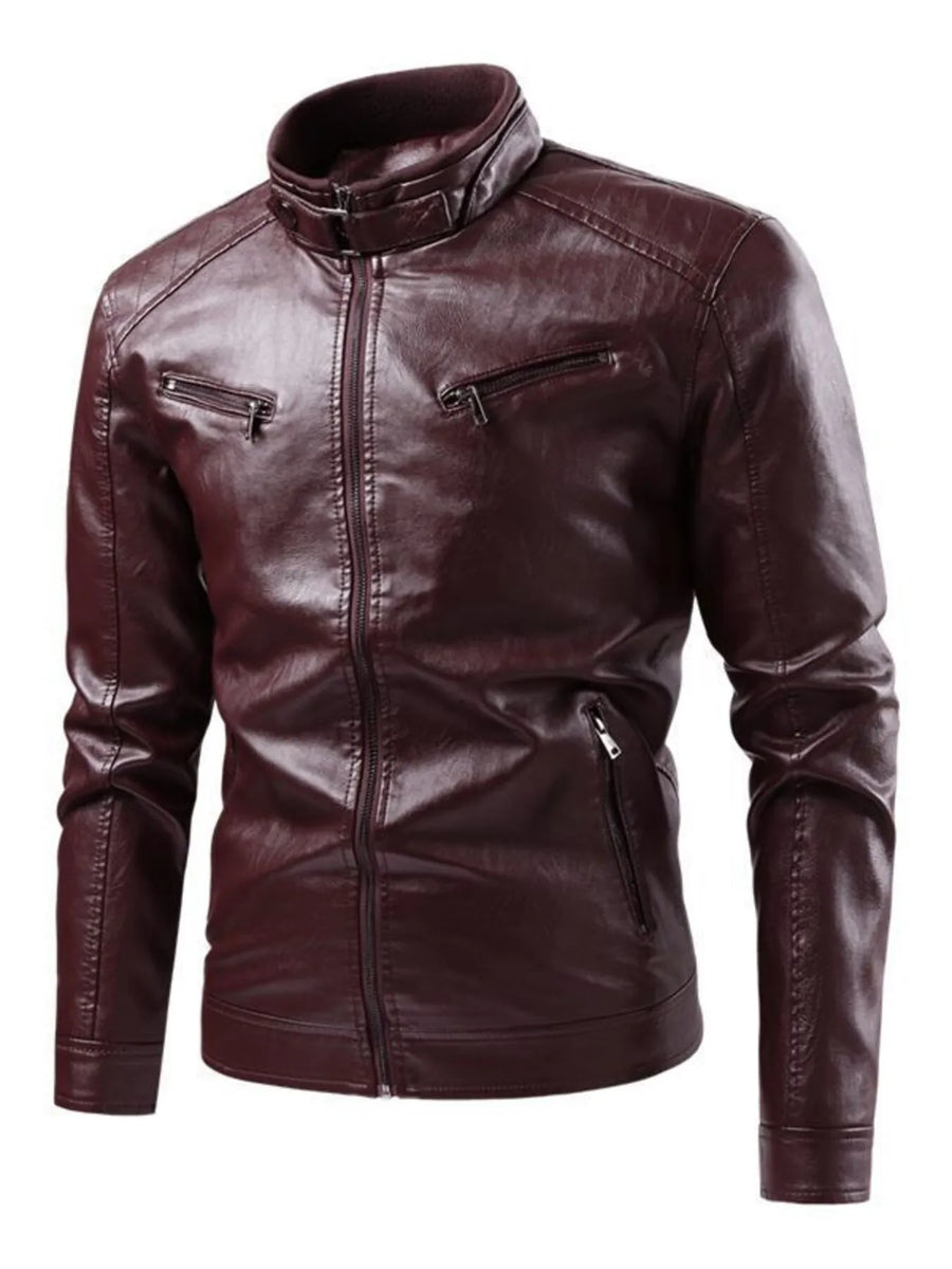 Men's plus-size moto jacket in wine red with zip-up front and zippered pockets.
