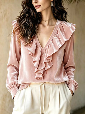 White with V-neck Long-sleeve Top
