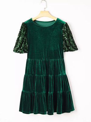 Dark green velvet tiered mini dress with sequin puff sleeves