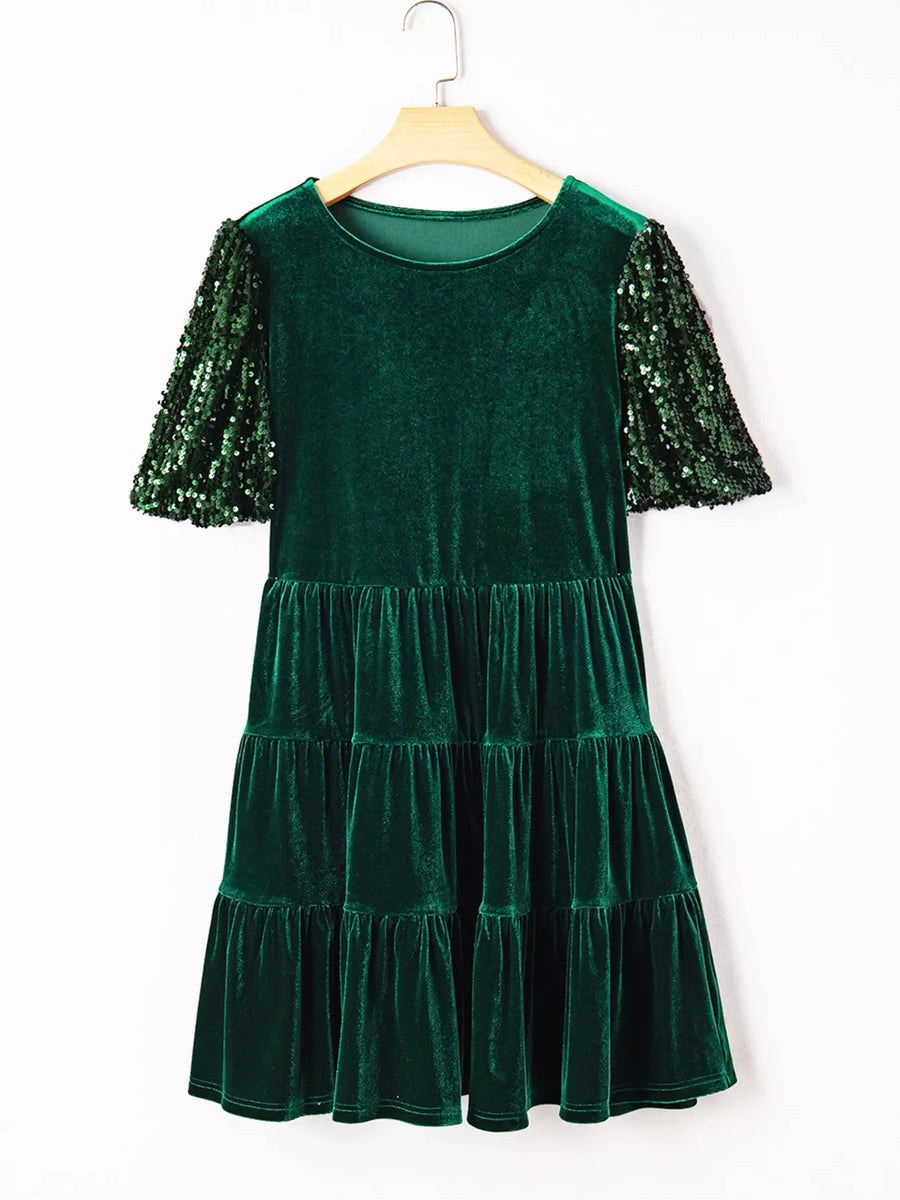 Dark green velvet tiered mini dress with sequin puff sleeves
