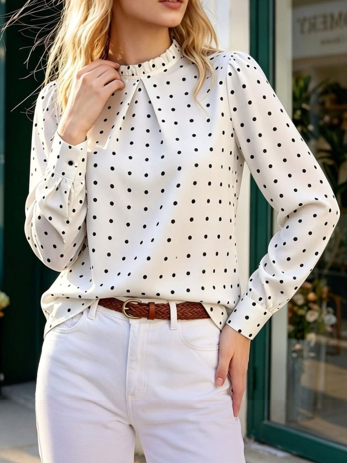 white blouse with polka dot and mock neck