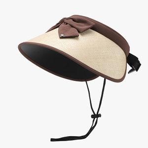 Brown raffia visor with bow detail and adjustable chin strap