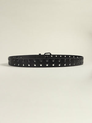 Black vegan leather belt with double row of silver grommets and silver buckle.