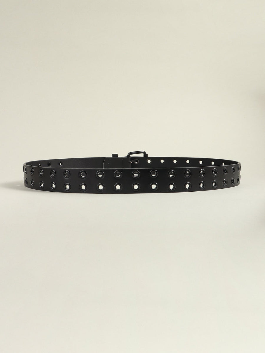 Black vegan leather belt with double row of silver grommets and silver buckle.