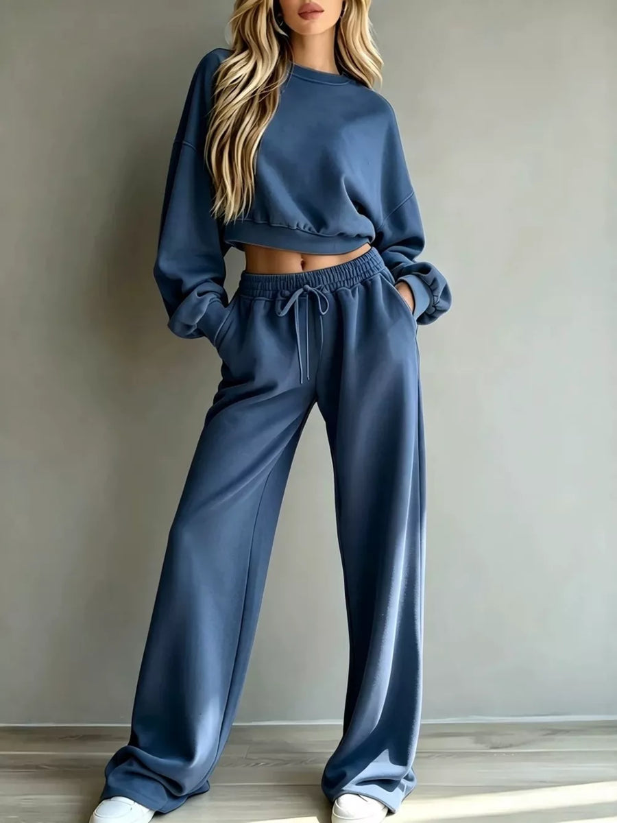 Round Neck Cropped Sweatshirt And Wide-leg Pants Set in Pink