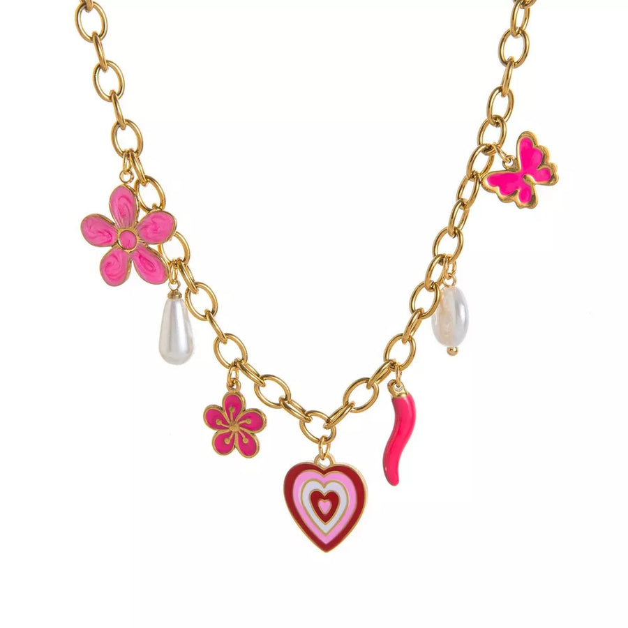 18k Gold-plated Stainless Steel Charm Necklace in Pink sun with charm details