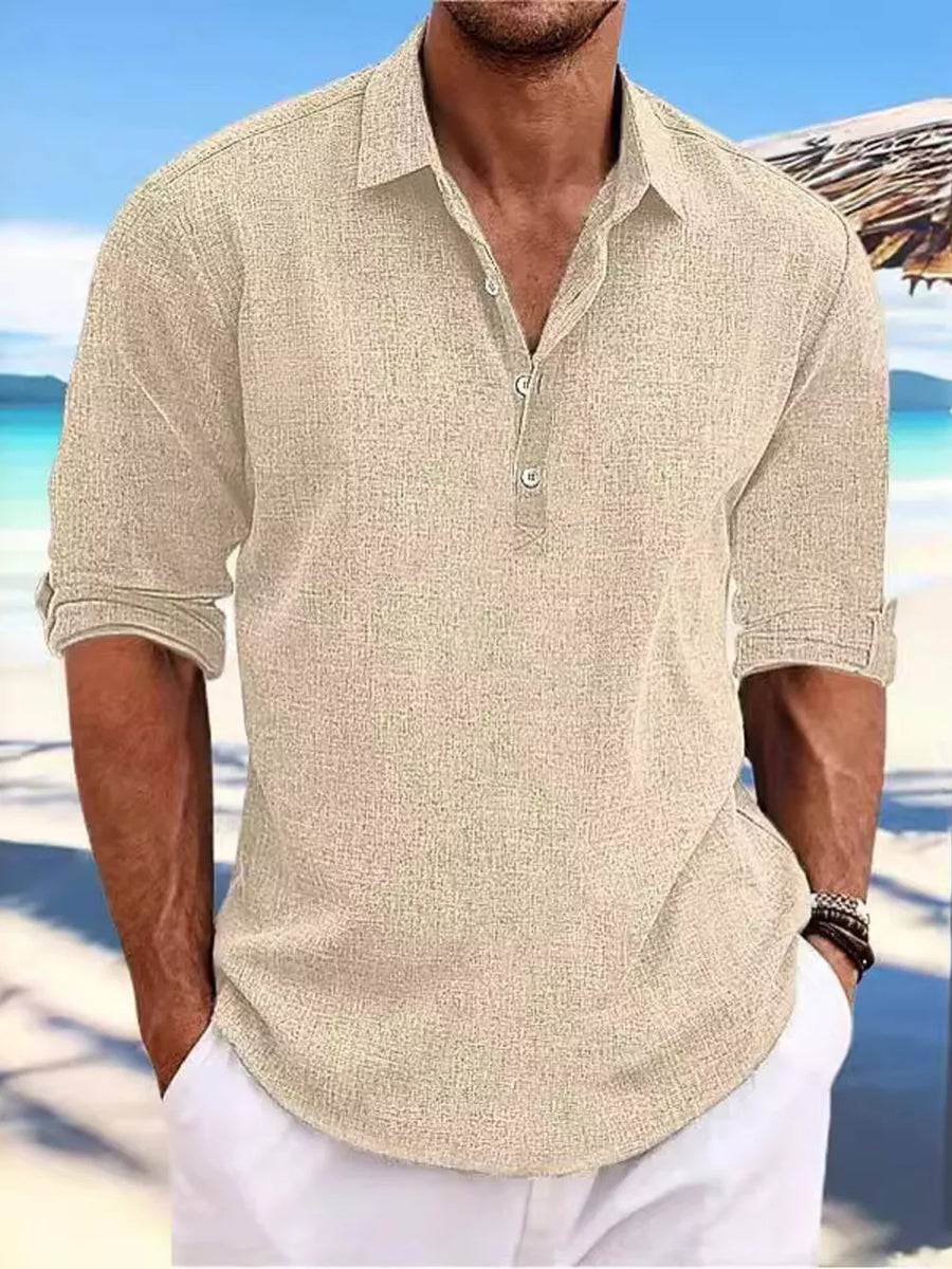 Khaki relaxed fit half-button casual shirt with rolled sleeves.