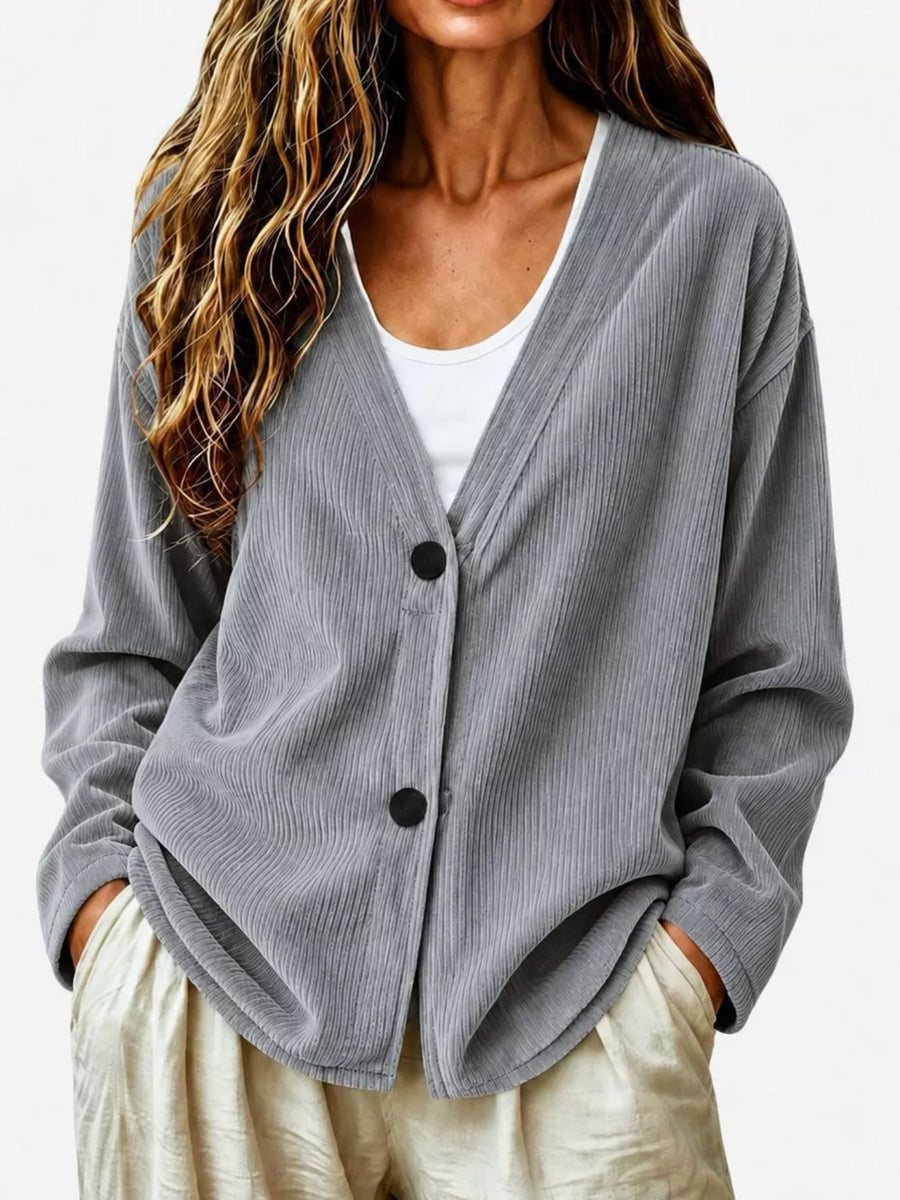 Casual Corduroy Button-up Cardigan in Dark Blue
