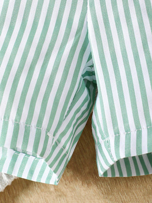 Green and white striped cotton shorts with rolled cuffs.