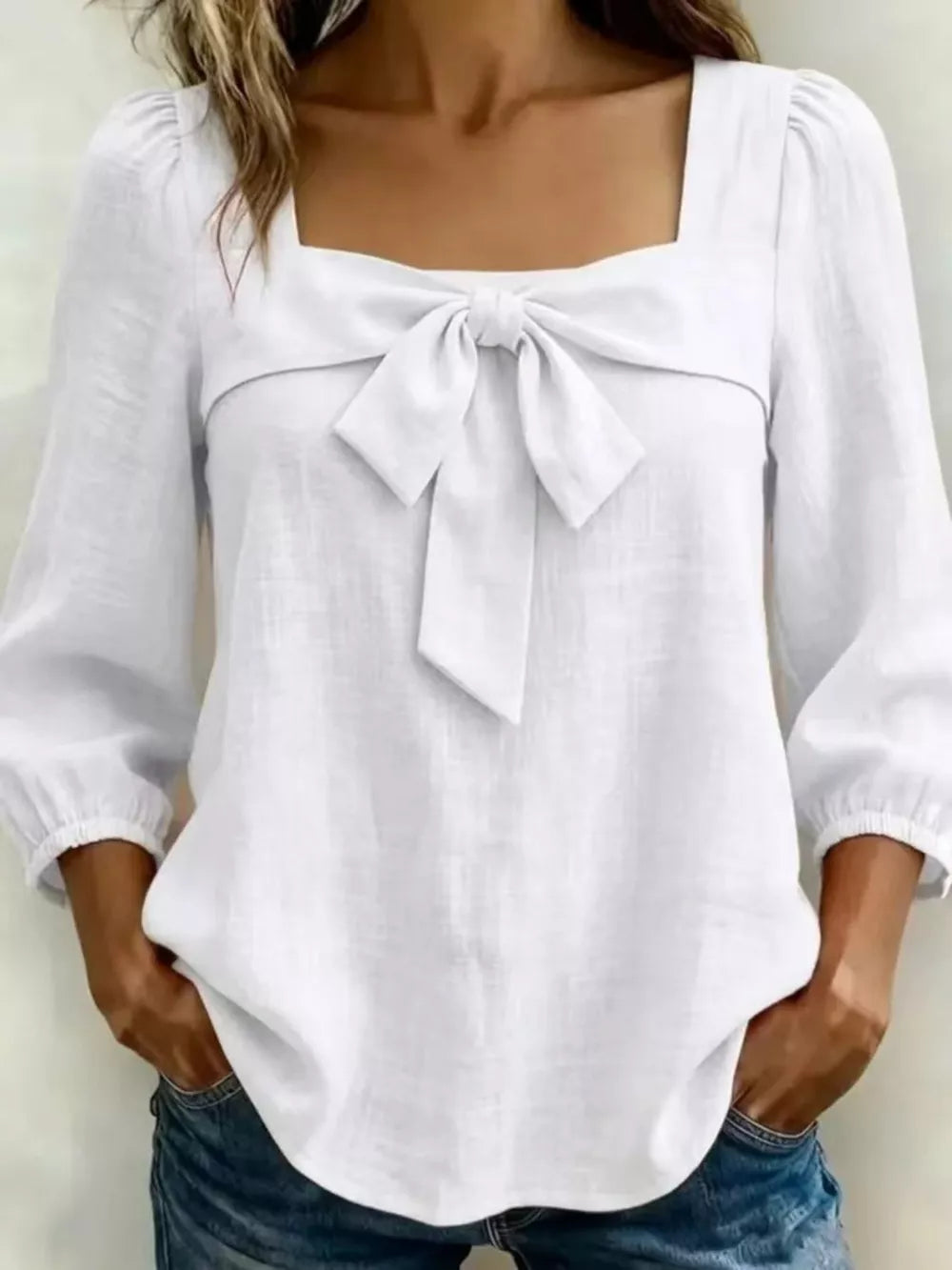 Red Full Size Bow Front Square Neck Blouse Plus Size