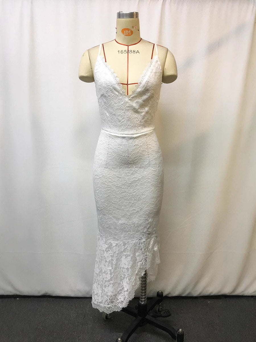 White lace V-neck sleeveless midi dress with a mermaid hem