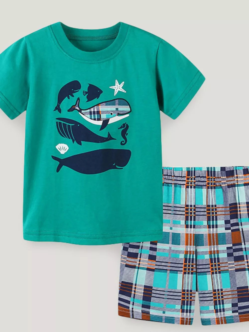 Toddler whale print tee and plaid shorts ensemble, cotton, green tee