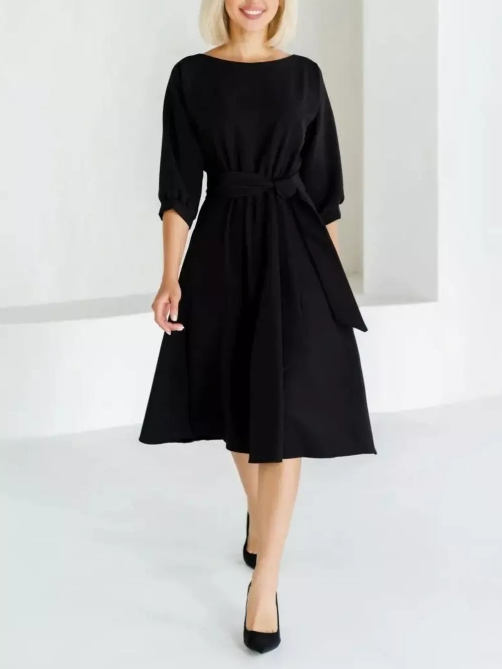 Black Elegant Belted Waist Midi Dress