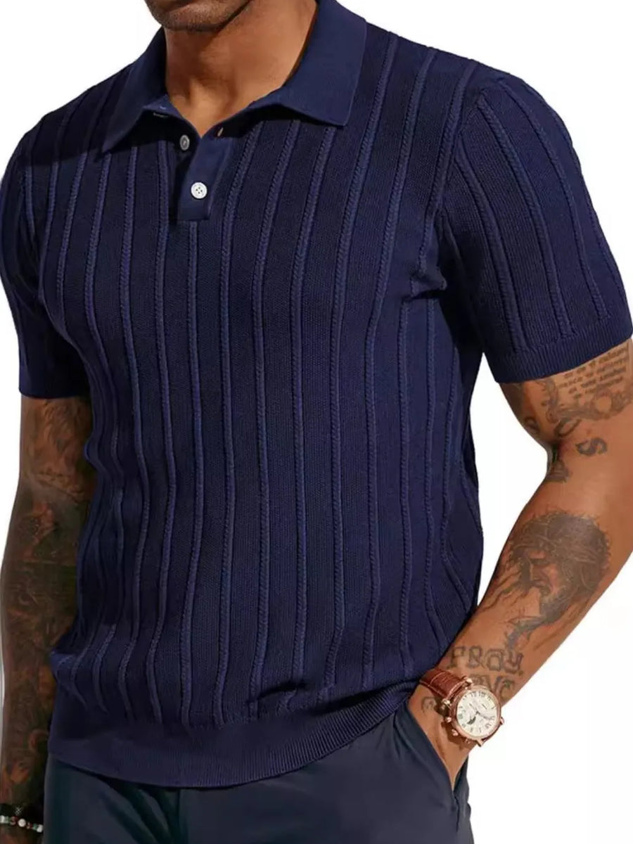 Navy ribbed knit short sleeve polo shirt with buttoned placket.