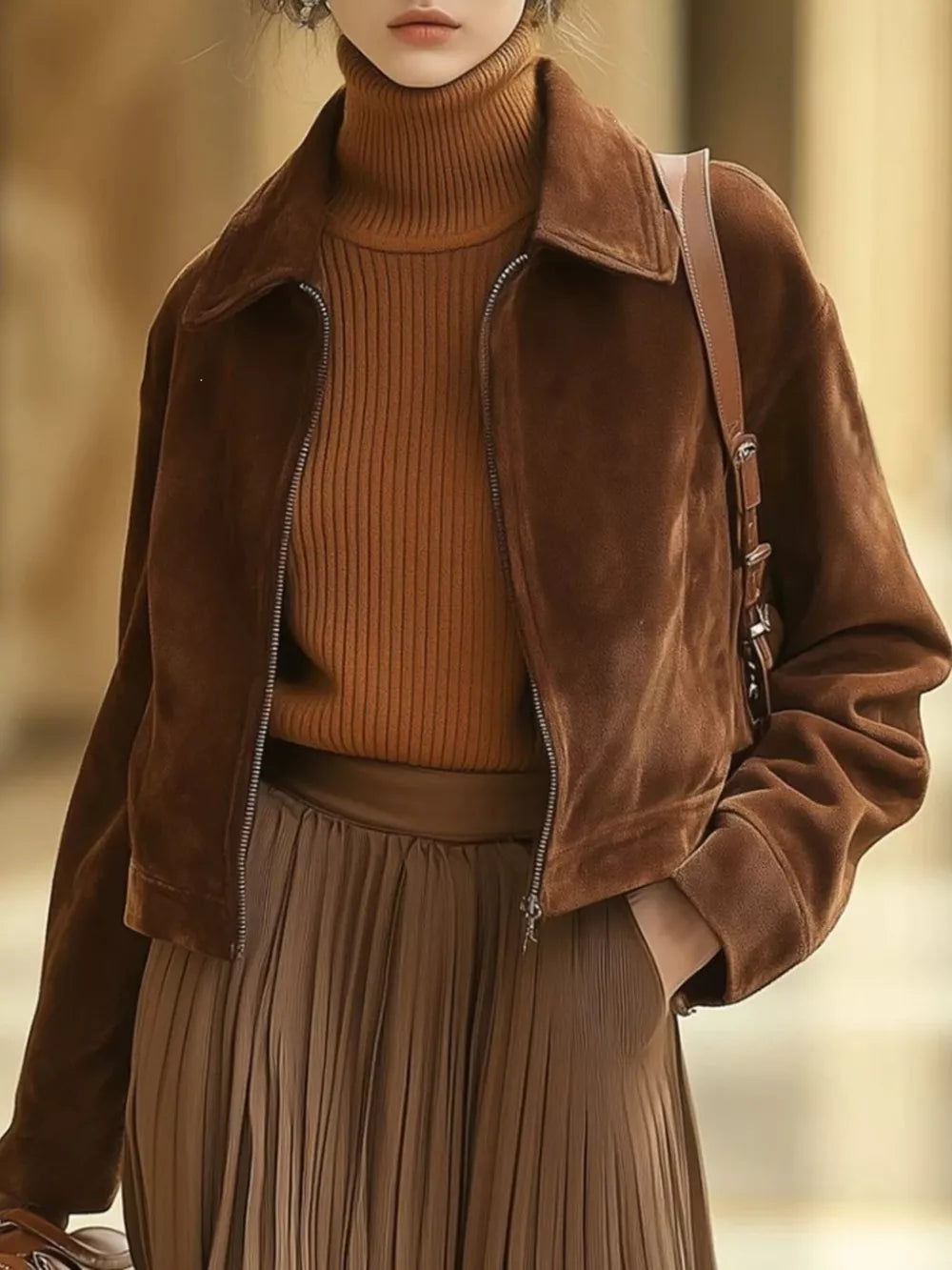 zip-up jacket in chocolate brown featuring collared and boxy fit