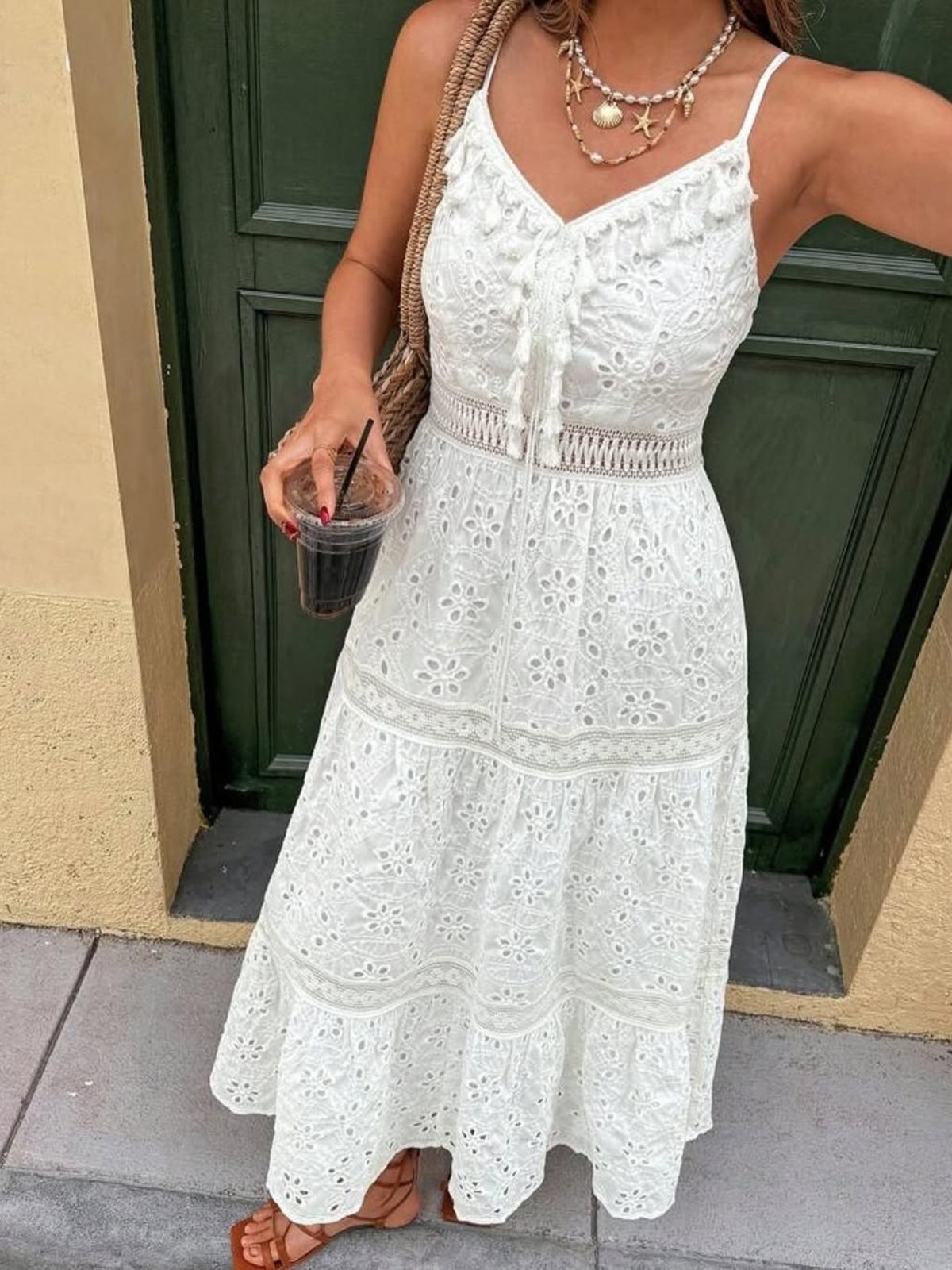 White eyelet embroidered cami midi dress with lace trim and tassel details