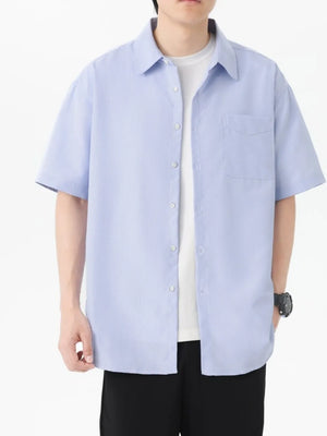 Button-down Oversized Short-sleeve Top in Blue