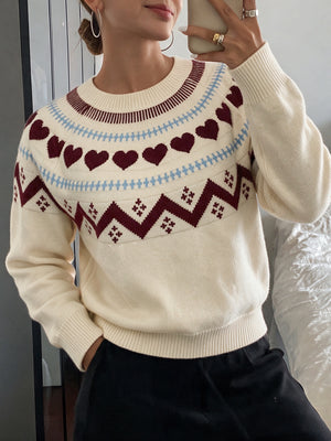 crewneck sweater in Apricot with fair isle and stretch