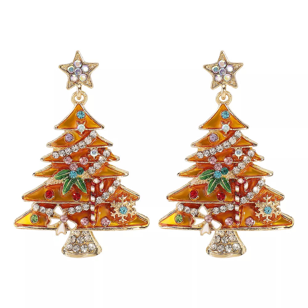 Enchanted Holiday Tree earrings in yellow with colorful rhinestones, candy canes, and stars.