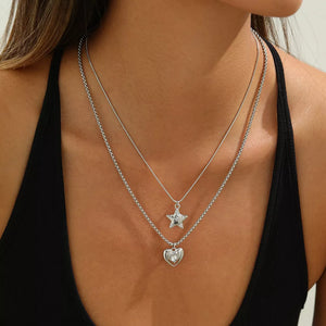 2-piece Star And Heart Pendant Alloy Necklace in Silver
