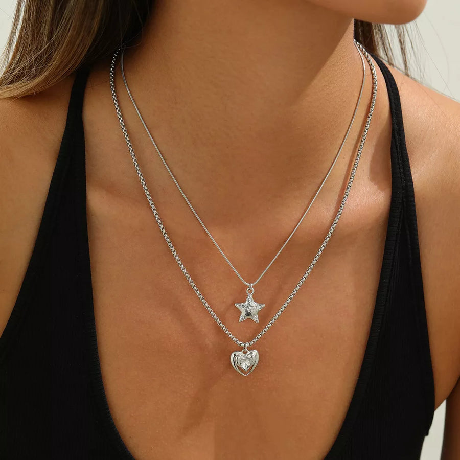 2-piece Star And Heart Pendant Alloy Necklace in Silver