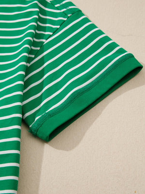 Green and white striped cotton t-shirt with crew neck and short sleeves.