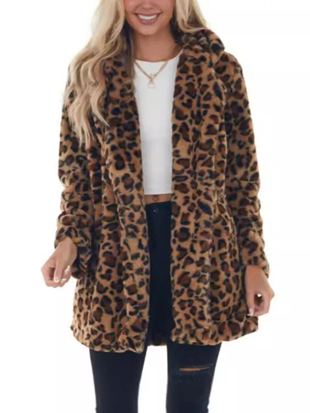 faux fur coat in White with leopard and pocketed