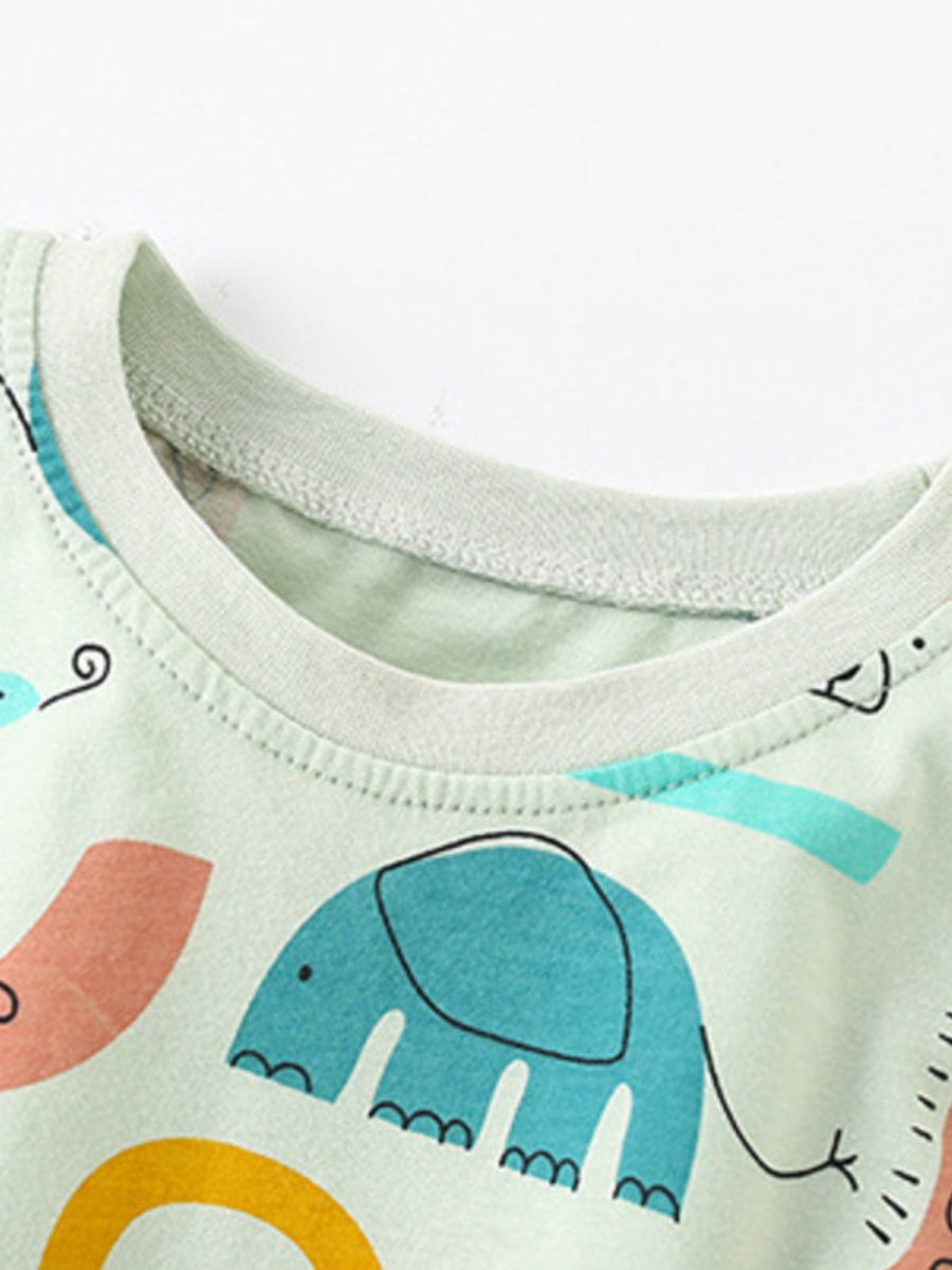 Baby cotton pajama top with cartoon elephant print and crew neck